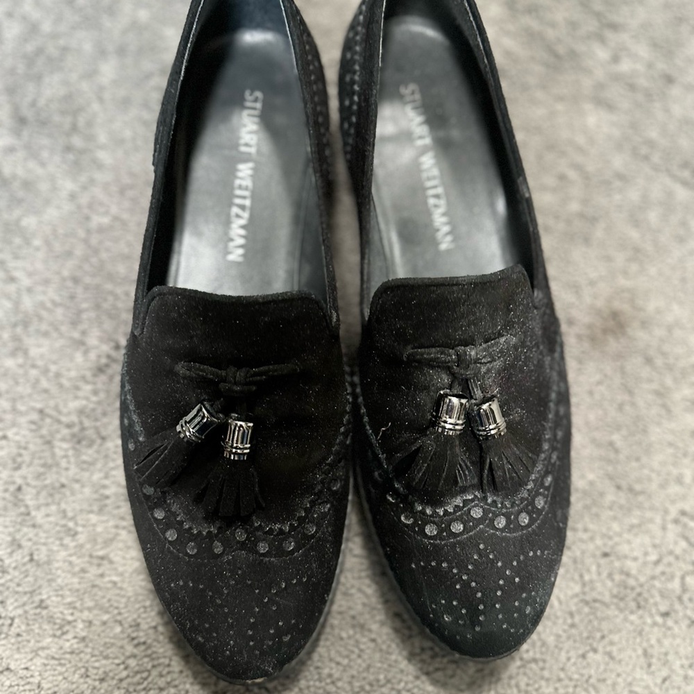 Stuart Weitzman Black Suede Loafers with Tassels